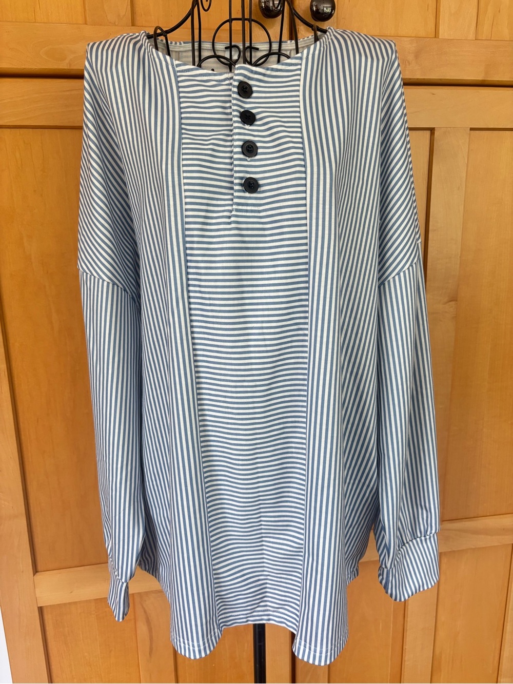 Striped Blue & White Women's Tunic with Button Placket